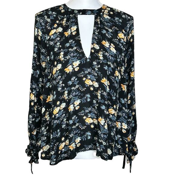 American Eagle Blouse Size Small Keyhole Neck Black Cream Floral Button Back Top - Picture 1 of 11